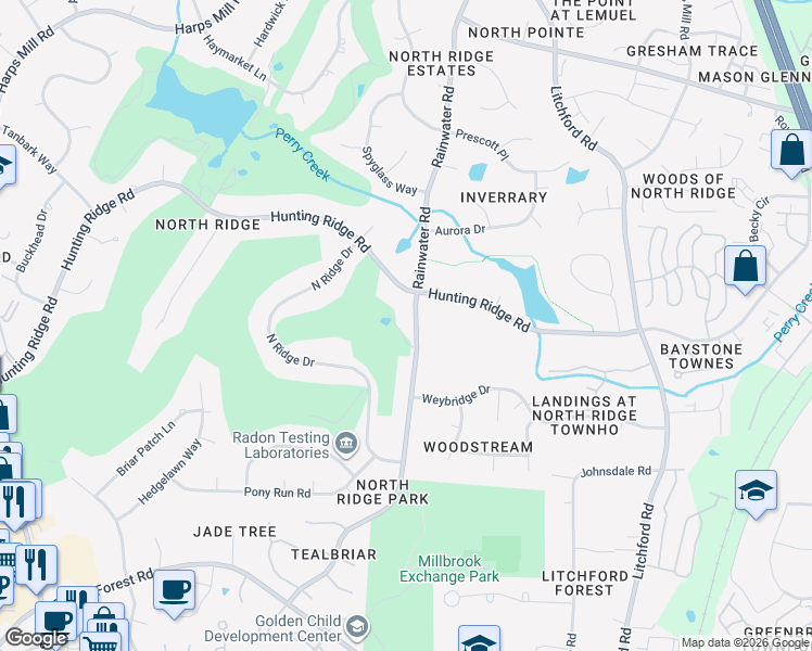 map of restaurants, bars, coffee shops, grocery stores, and more near 7016 Rainwater Road in Raleigh