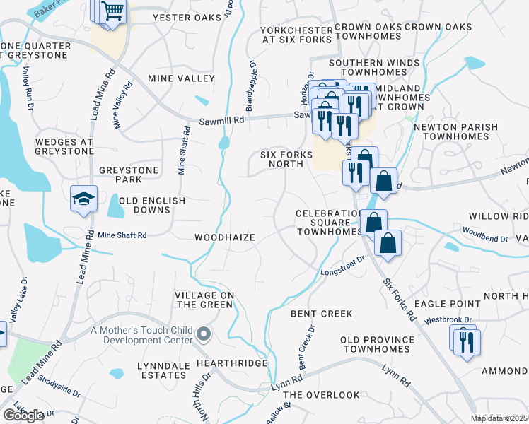 map of restaurants, bars, coffee shops, grocery stores, and more near 1004 Woodhill Court in Raleigh