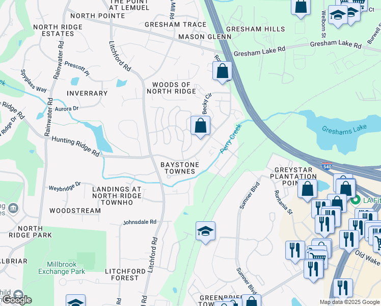 map of restaurants, bars, coffee shops, grocery stores, and more near 7220 Circlebank Drive in Raleigh