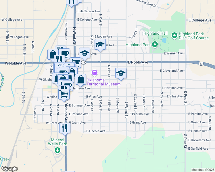 map of restaurants, bars, coffee shops, grocery stores, and more near 524 East Harrison Avenue in Guthrie