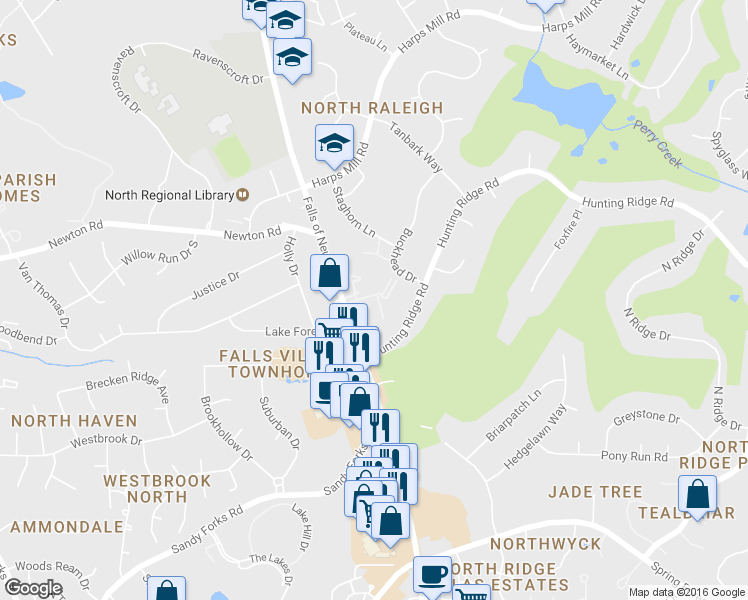 map of restaurants, bars, coffee shops, grocery stores, and more near 1011 Fox Hunt Lane in Raleigh
