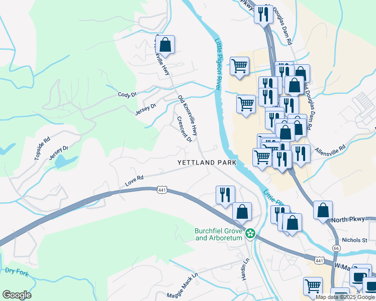 map of restaurants, bars, coffee shops, grocery stores, and more near 127 Cedar Hills Road in Sevierville