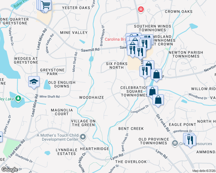 map of restaurants, bars, coffee shops, grocery stores, and more near 1004 Woodhill Court in Raleigh