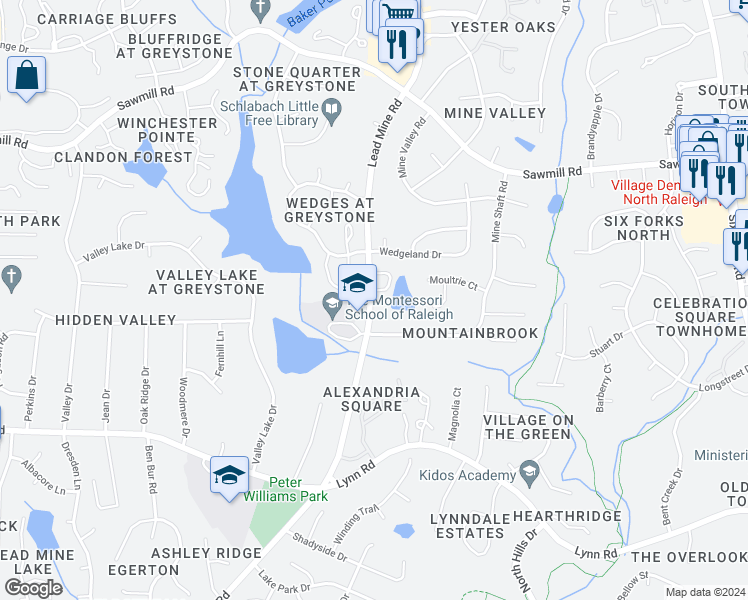 map of restaurants, bars, coffee shops, grocery stores, and more near 7110 Lead Mine Road in Raleigh