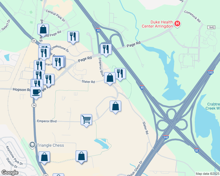 map of restaurants, bars, coffee shops, grocery stores, and more near 4721 Emperor Boulevard in Durham