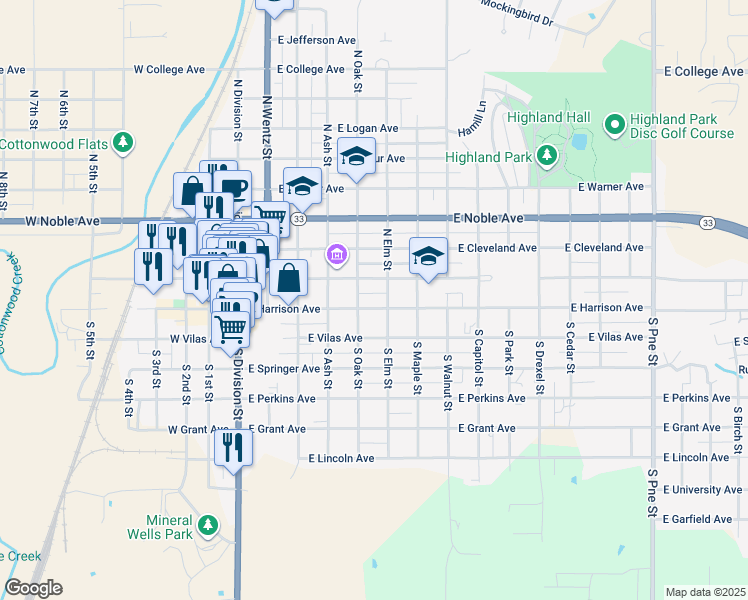 map of restaurants, bars, coffee shops, grocery stores, and more near 524 East Harrison Avenue in Guthrie
