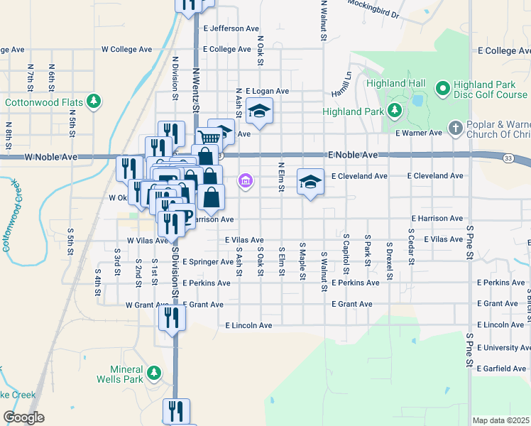 map of restaurants, bars, coffee shops, grocery stores, and more near 423 East Harrison Avenue in Guthrie