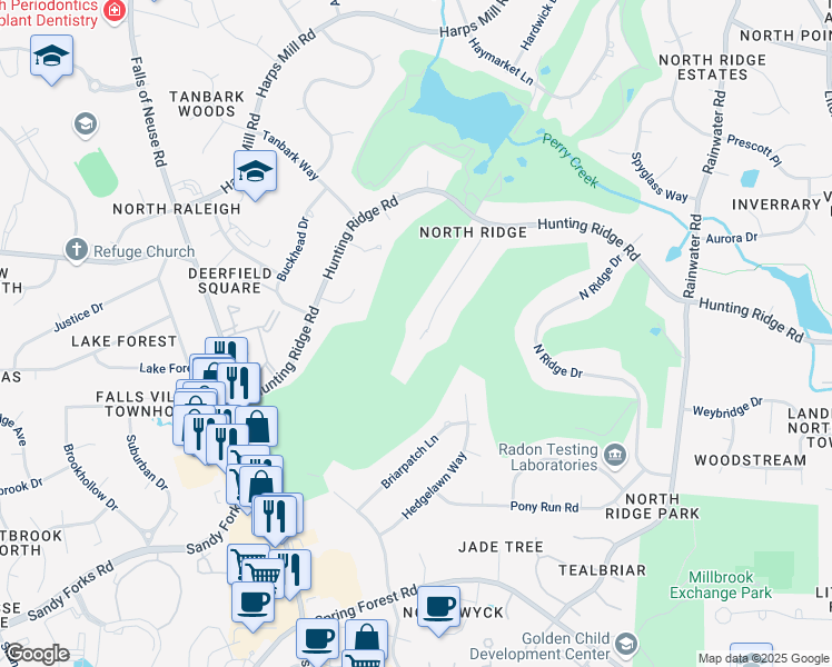 map of restaurants, bars, coffee shops, grocery stores, and more near 6701 Foxfire Place in Raleigh