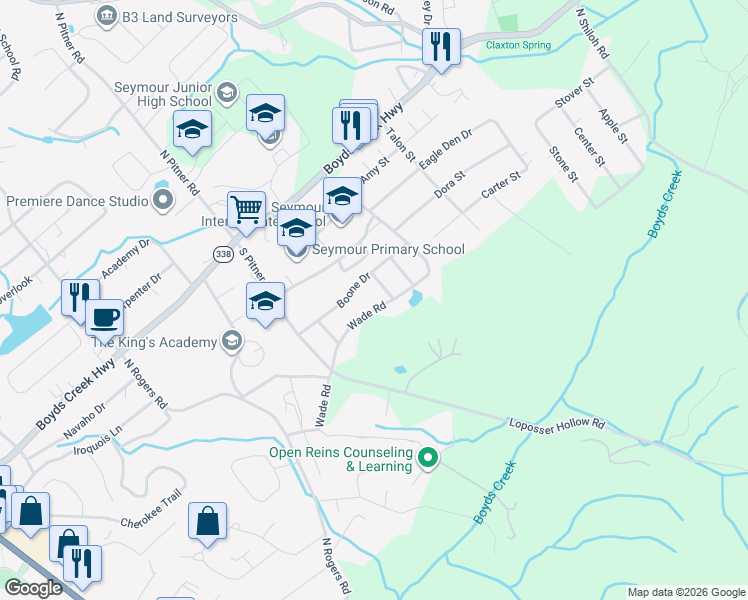 map of restaurants, bars, coffee shops, grocery stores, and more near 740 Wade Road in Seymour