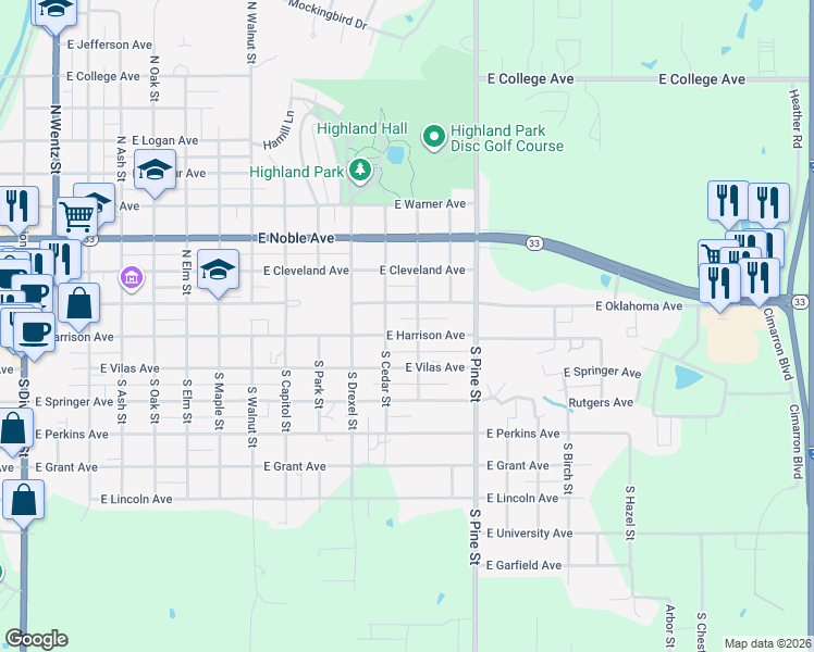 map of restaurants, bars, coffee shops, grocery stores, and more near 1223 East Harrison Avenue in Guthrie