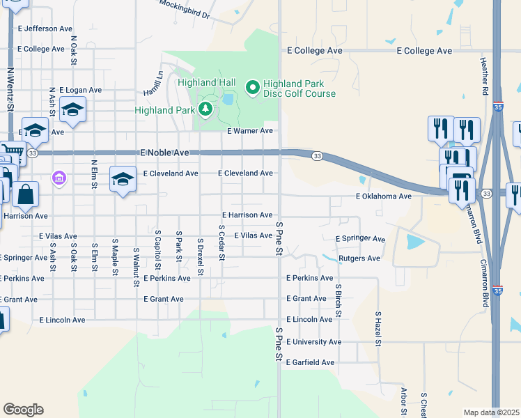 map of restaurants, bars, coffee shops, grocery stores, and more near 1403 East Harrison Avenue in Guthrie
