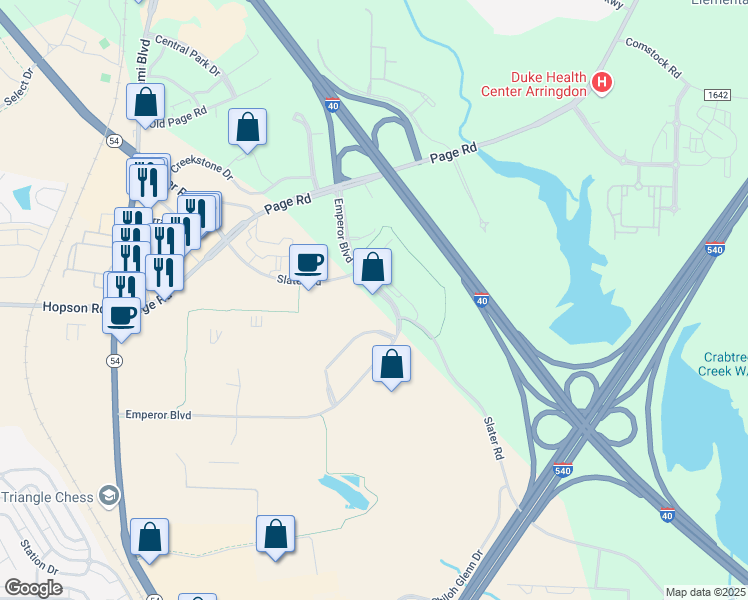 map of restaurants, bars, coffee shops, grocery stores, and more near 4721 Emperor Boulevard in Durham