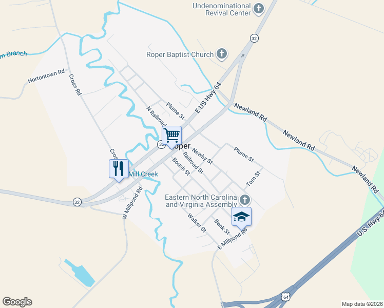 map of restaurants, bars, coffee shops, grocery stores, and more near Railroad Street in Roper