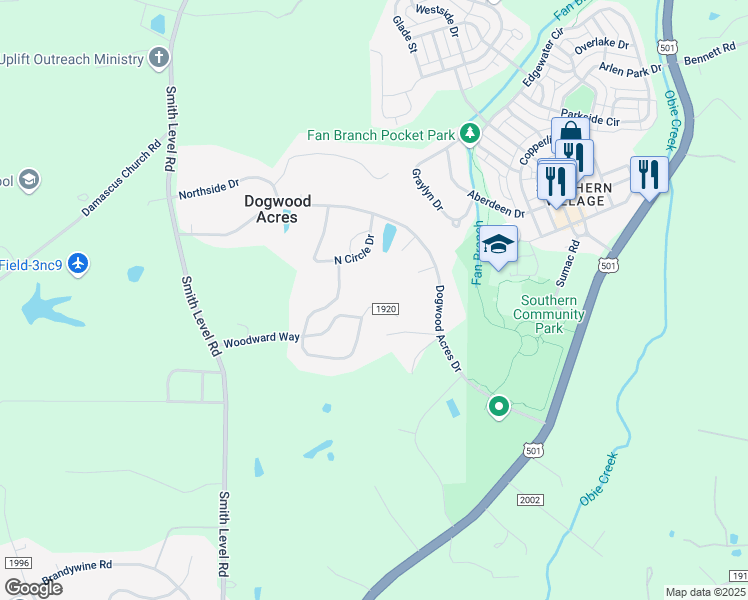 map of restaurants, bars, coffee shops, grocery stores, and more near 44 North Circle Drive in Pittsboro