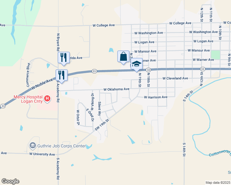 map of restaurants, bars, coffee shops, grocery stores, and more near 106 Harvest Road in Guthrie