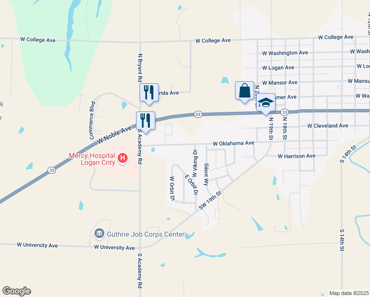 map of restaurants, bars, coffee shops, grocery stores, and more near 2513 West Oklahoma Avenue in Guthrie