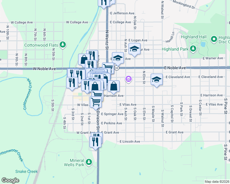 map of restaurants, bars, coffee shops, grocery stores, and more near 211 East Harrison Avenue in Guthrie