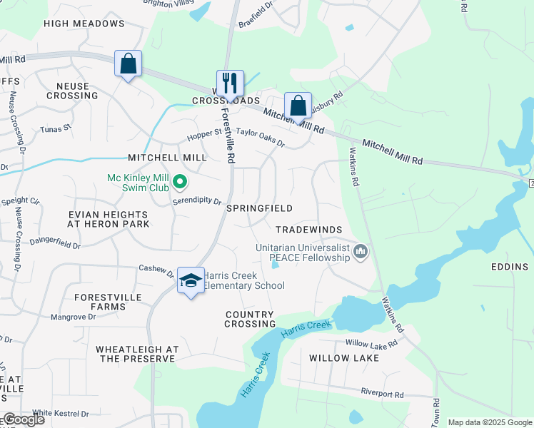 map of restaurants, bars, coffee shops, grocery stores, and more near 3809 Buck Ridge Court in Raleigh