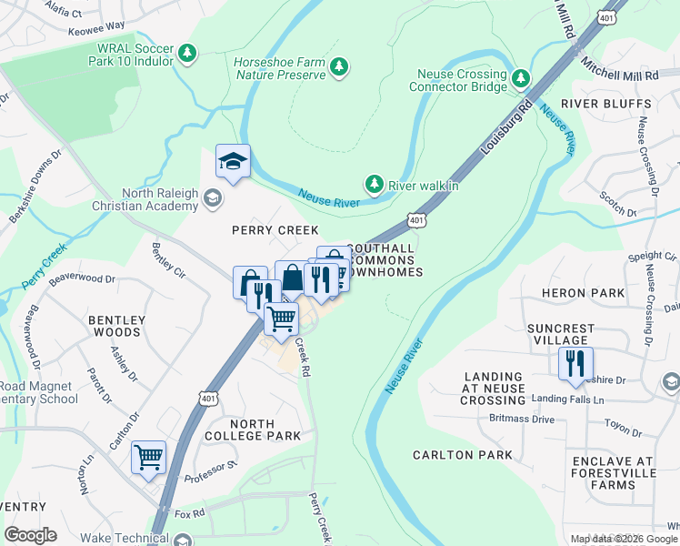 map of restaurants, bars, coffee shops, grocery stores, and more near 8022 River Watch Lane in Raleigh