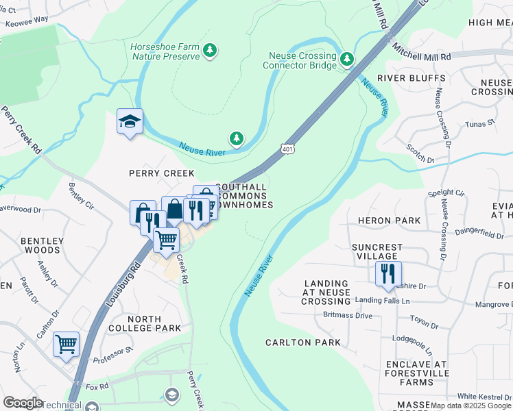 map of restaurants, bars, coffee shops, grocery stores, and more near 7834 Averette Field Drive in Raleigh