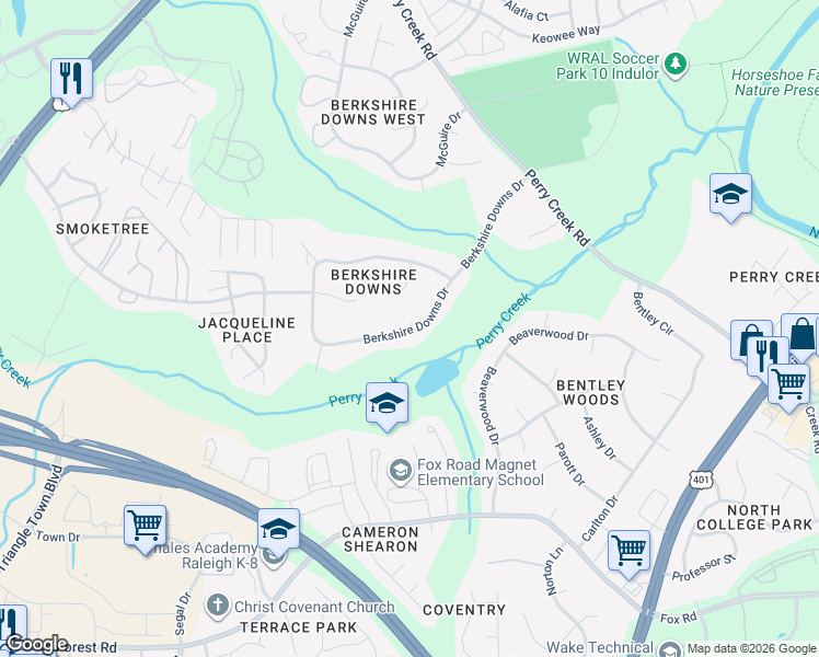 map of restaurants, bars, coffee shops, grocery stores, and more near in Wake County