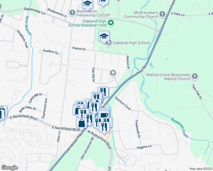 map of restaurants, bars, coffee shops, grocery stores, and more near 2377 Oak Hill Drive in Murfreesboro