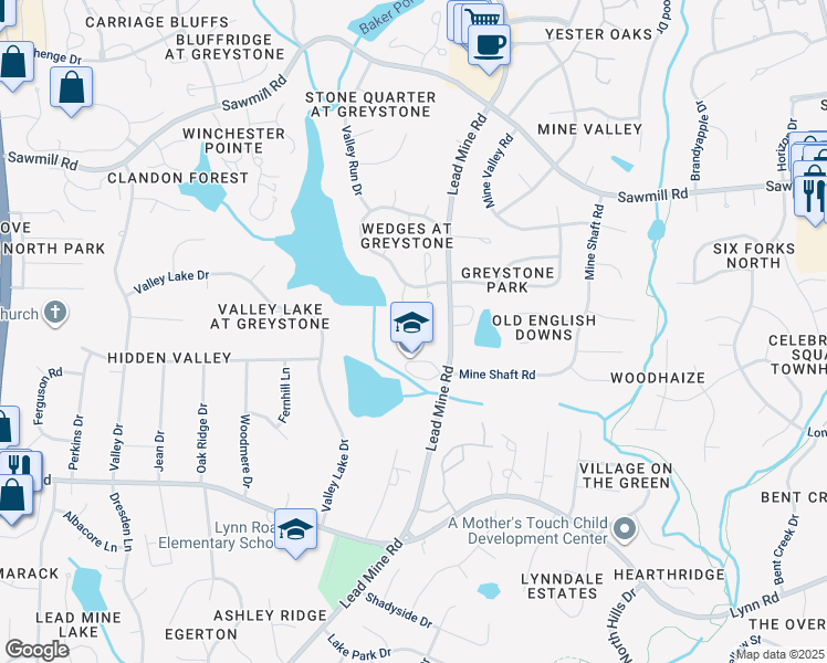 map of restaurants, bars, coffee shops, grocery stores, and more near 7213 Bluffside Court in Raleigh