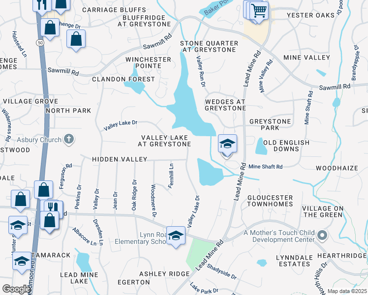 map of restaurants, bars, coffee shops, grocery stores, and more near 7005 Valley Lake Drive in Raleigh