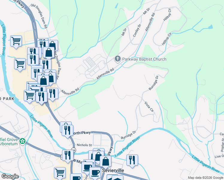 map of restaurants, bars, coffee shops, grocery stores, and more near 532 Panorama Drive in Sevierville