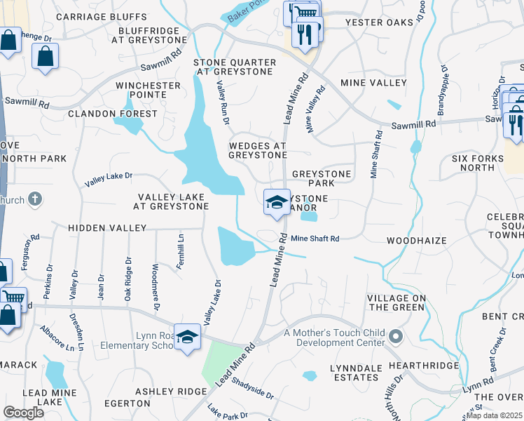 map of restaurants, bars, coffee shops, grocery stores, and more near 7213 Bluffside Court in Raleigh
