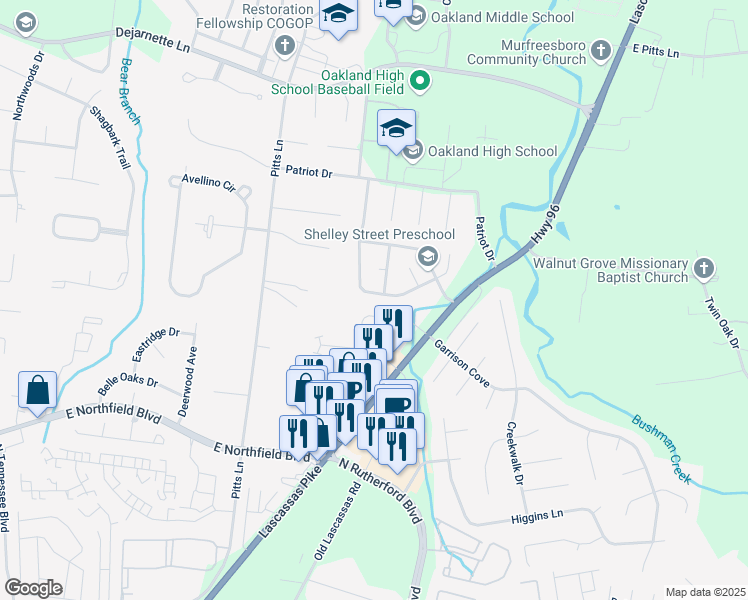 map of restaurants, bars, coffee shops, grocery stores, and more near 2459 Oak Hill Drive in Murfreesboro