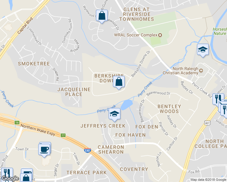 map of restaurants, bars, coffee shops, grocery stores, and more near 7341 Berkshire Downs Drive in Raleigh