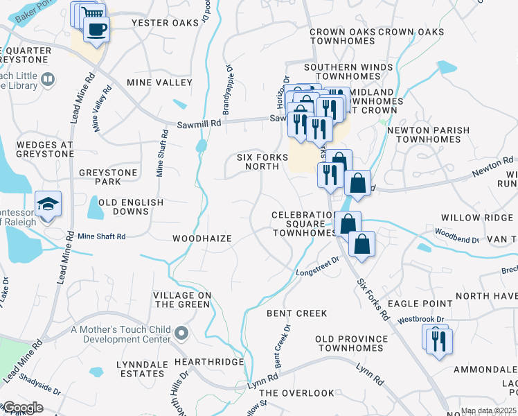 map of restaurants, bars, coffee shops, grocery stores, and more near 7405 Archer Circle in Raleigh