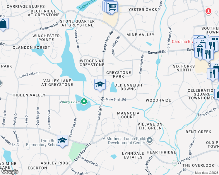 map of restaurants, bars, coffee shops, grocery stores, and more near 7030 Lead Mine Road in Raleigh