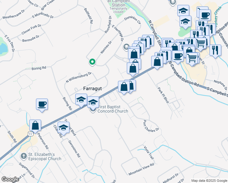 map of restaurants, bars, coffee shops, grocery stores, and more near 109 Confederacy Circle in Farragut