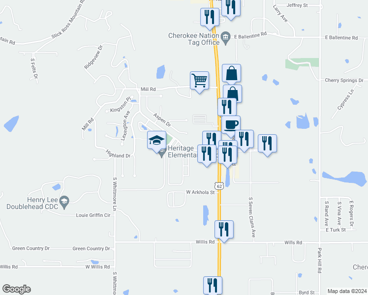 map of restaurants, bars, coffee shops, grocery stores, and more near 3749 Southridge Circle in Tahlequah