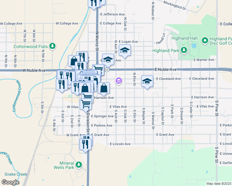 map of restaurants, bars, coffee shops, grocery stores, and more near 323 East Harrison Avenue in Guthrie
