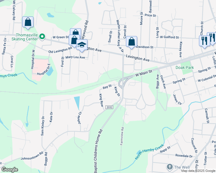 map of restaurants, bars, coffee shops, grocery stores, and more near Ray Street in Thomasville