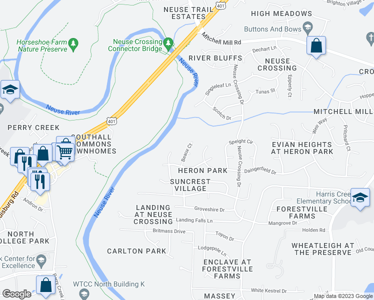 map of restaurants, bars, coffee shops, grocery stores, and more near 3410 Beaux Court in Raleigh