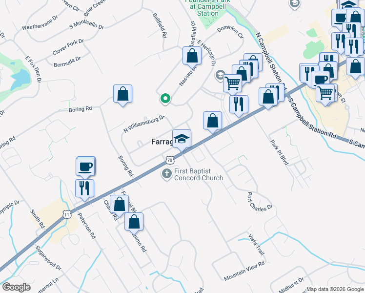 map of restaurants, bars, coffee shops, grocery stores, and more near 158 Confederacy Circle in Farragut