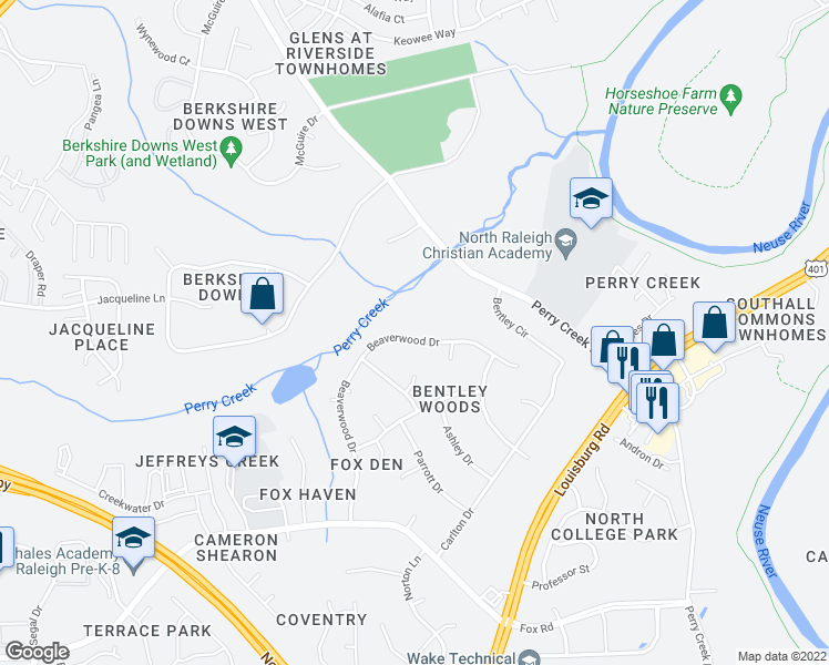 map of restaurants, bars, coffee shops, grocery stores, and more near 7229 Beaverwood Drive in Raleigh