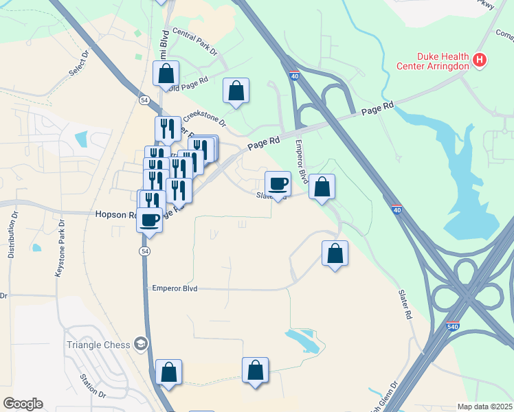 map of restaurants, bars, coffee shops, grocery stores, and more near 1009 Slater Road in Durham