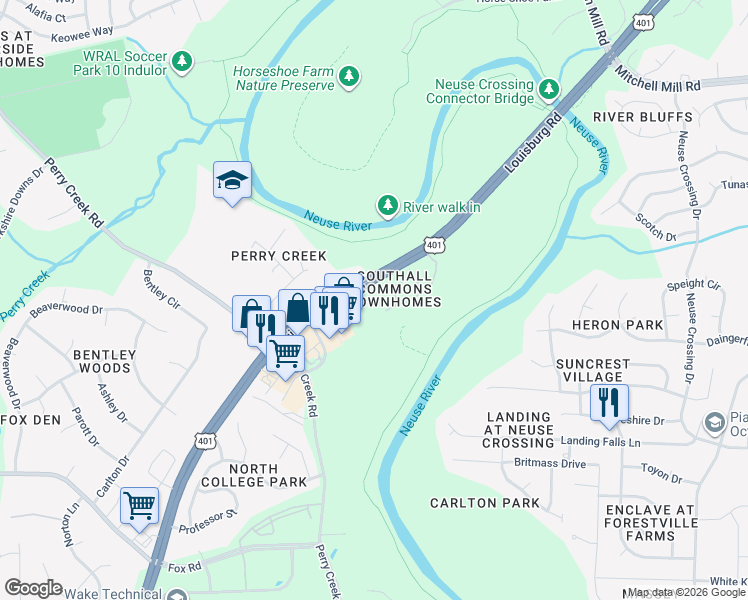 map of restaurants, bars, coffee shops, grocery stores, and more near 7740 Averette Field Drive in Raleigh