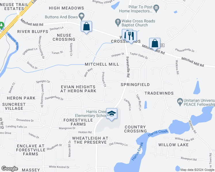 map of restaurants, bars, coffee shops, grocery stores, and more near 3501 Lownwood Way in Raleigh