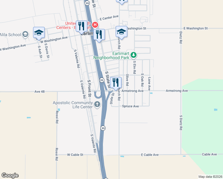 map of restaurants, bars, coffee shops, grocery stores, and more near 888 Avenue 48 in Earlimart
