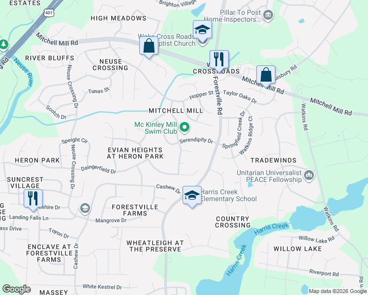 map of restaurants, bars, coffee shops, grocery stores, and more near 3418 Pritchard Court in Raleigh