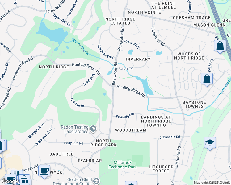 map of restaurants, bars, coffee shops, grocery stores, and more near 7024 Rainwater Road in Raleigh