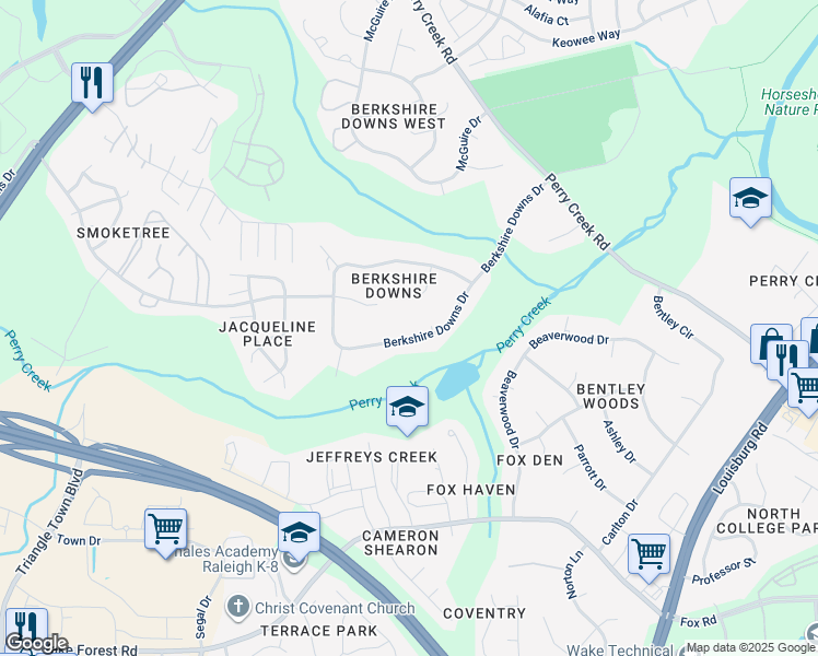 map of restaurants, bars, coffee shops, grocery stores, and more near 7341 Berkshire Downs Drive in Raleigh