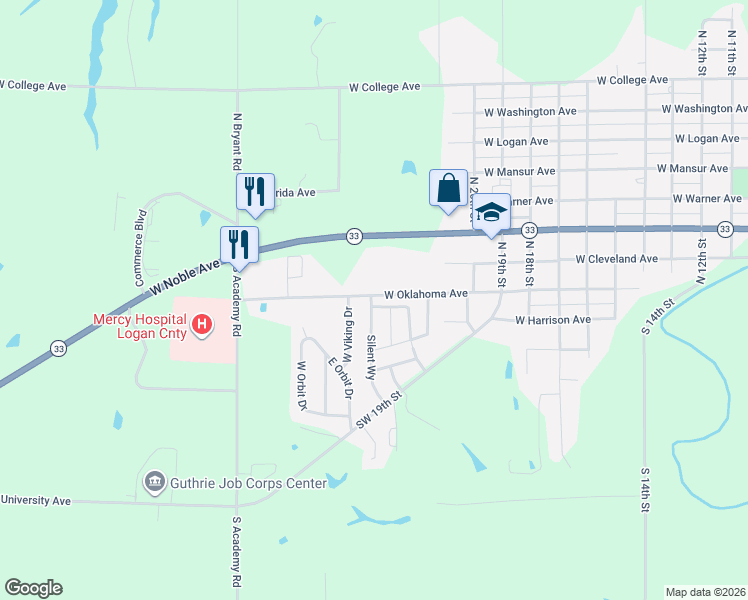 map of restaurants, bars, coffee shops, grocery stores, and more near 105 Silent Way in Guthrie