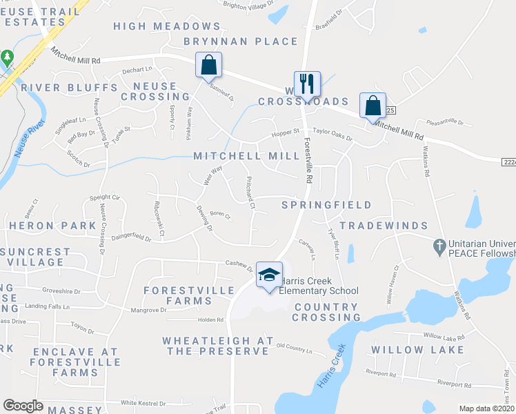 map of restaurants, bars, coffee shops, grocery stores, and more near 3418 Pritchard Court in Raleigh